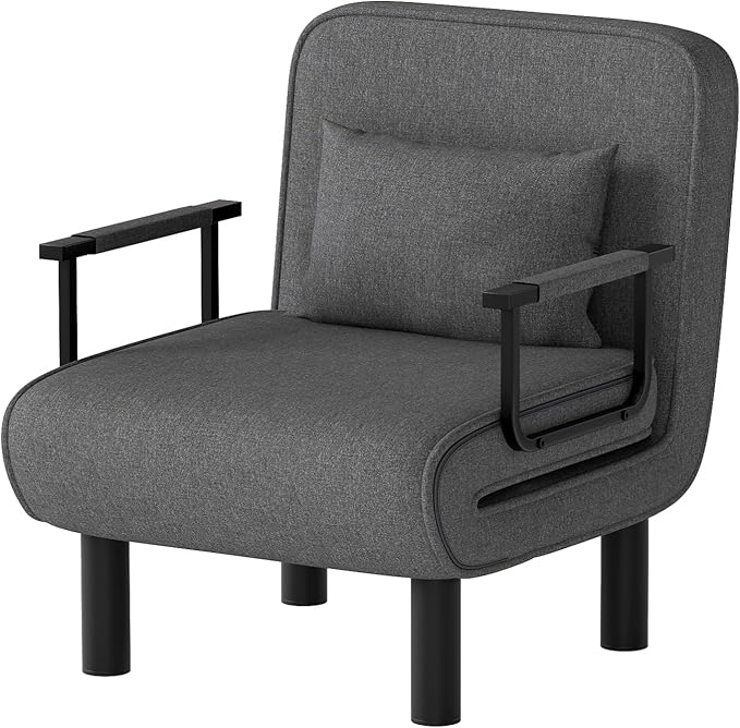 Furniliving 4 in 1 Folding Sofa Bed Chair, Convertible Sleeper Chair Bed with 6-Position Adjustable Backrest, Upholstered Chaise Lounge with Pillow, Accent Chairs for Bedroom/Office, Linen, Darkgrey