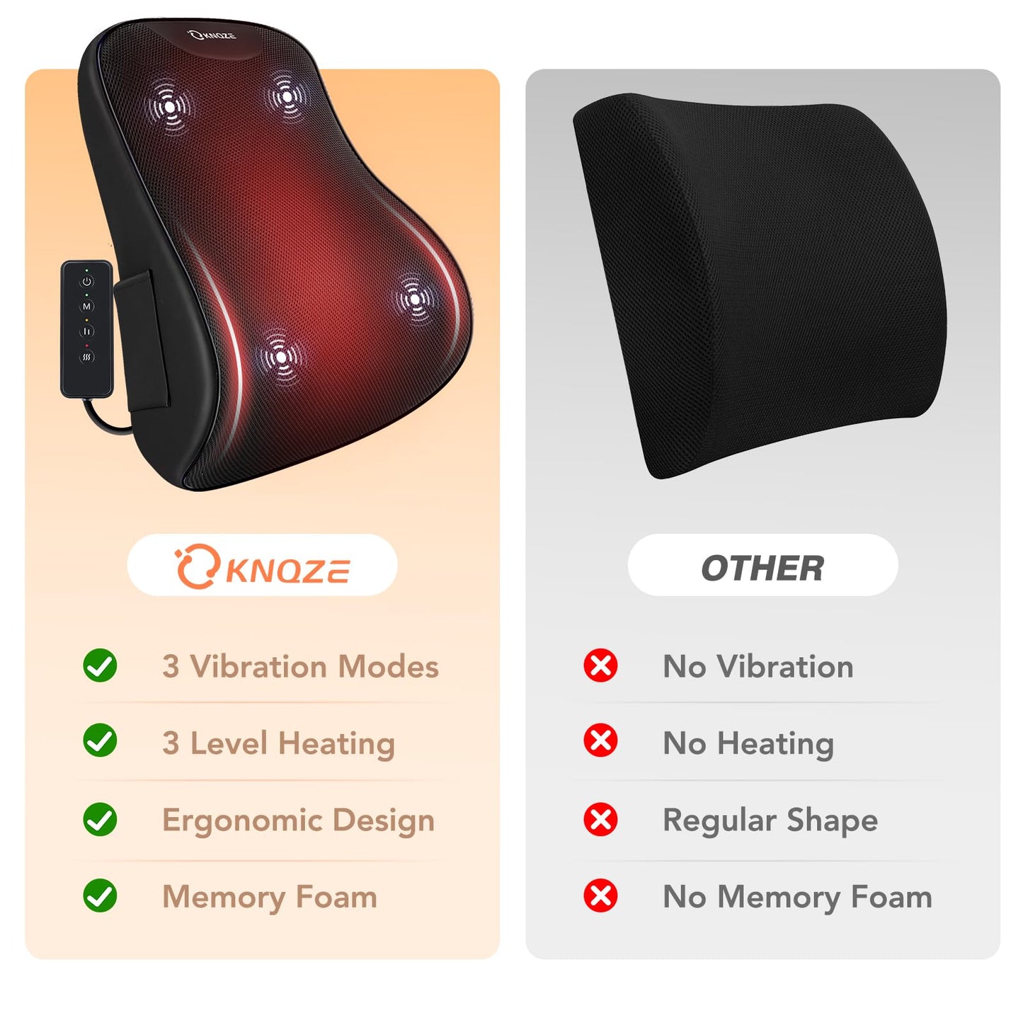 KNQZE Lumbar Support Pillow for Office Chair, Heated Back Support Pillow with Vibration, Back Massage for Pain Relief, 3 Heating Levels & 4 Motors & 3 Intensities, at Home Office Car Sofa - Black