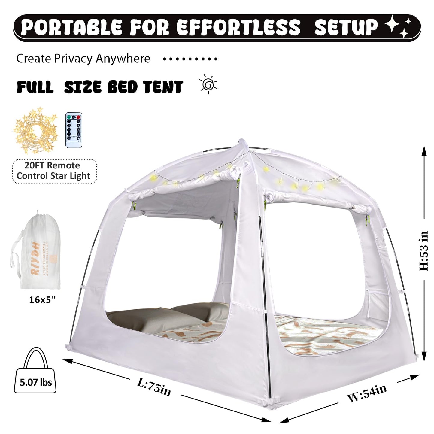 RIYDH Bed Tent Bed Canopy Full Size for Kid and Adults 100% Breathable Tents 4 Doors 80% Blackout - Indoor Portable Sleeping Tents Privacy Large Space with String Light