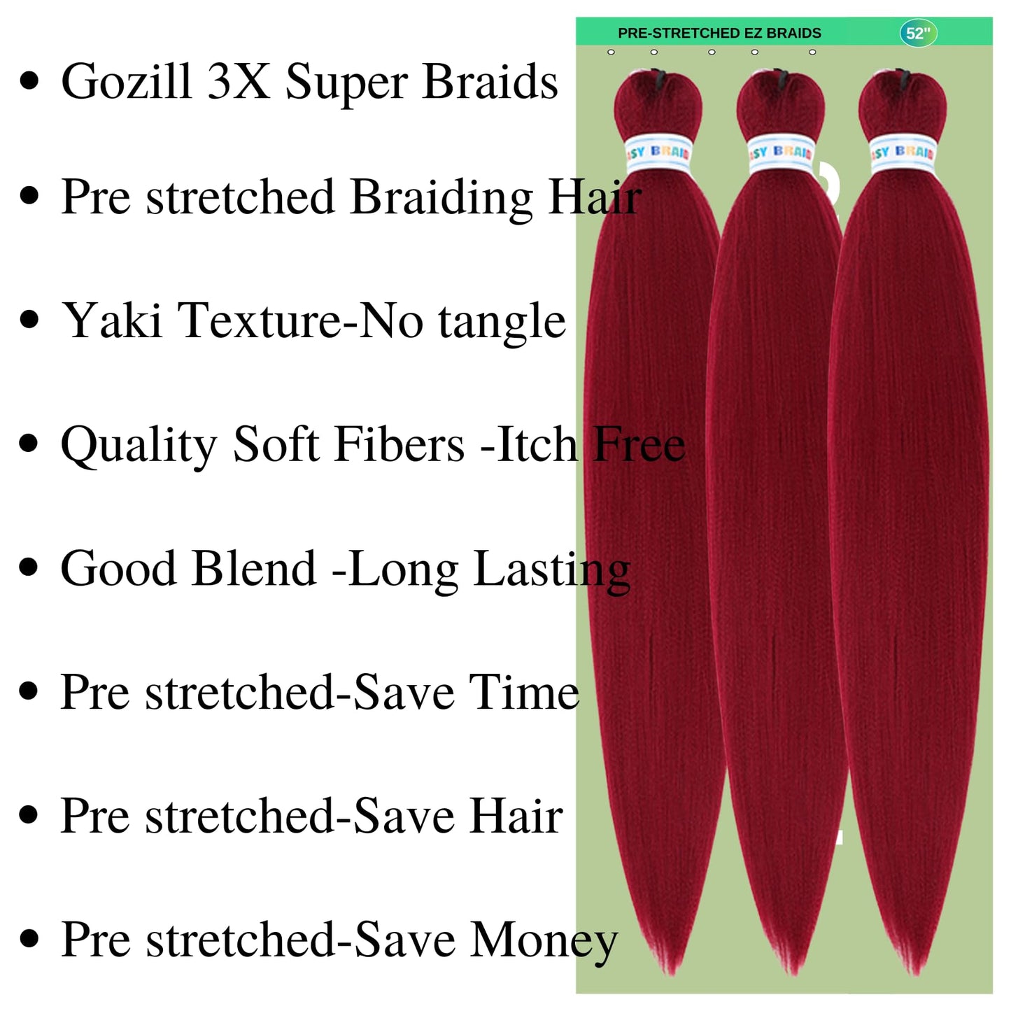 Braiding Hair Pre stretched Dark Red Prestretched Braiding Hair Twist Ez Braid Hypoallergenic Synthetic Knotless Itch Free