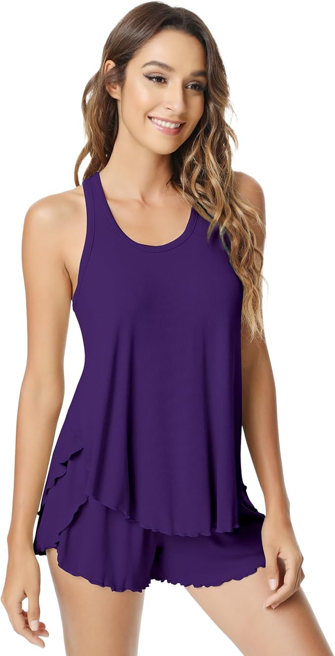 NACHILA Pajamas for Women-Viscose from Bamboo, Ribbed Racerback Tank Top Sexy Split Shorts Pajama Sets Cooling Sleep Cami Pjs