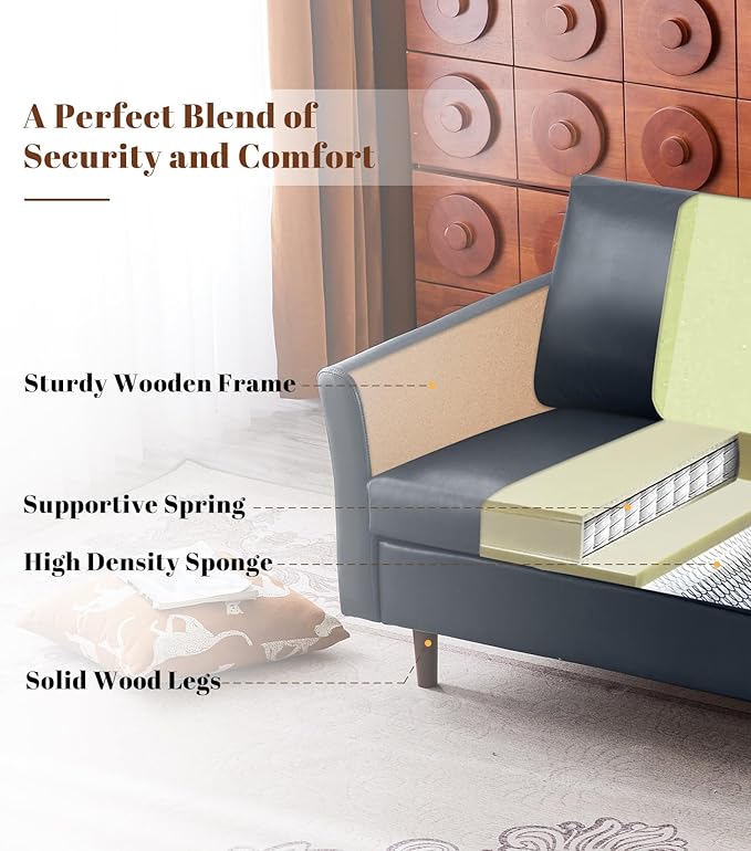 Kingfun Faux Leather 3 Seat Couch for Living Room, Mid Century Modern Sofa with Rolled Arms and Deep Seats, Fluffy Comfort for Apartment, Easy to Assemble, Blue