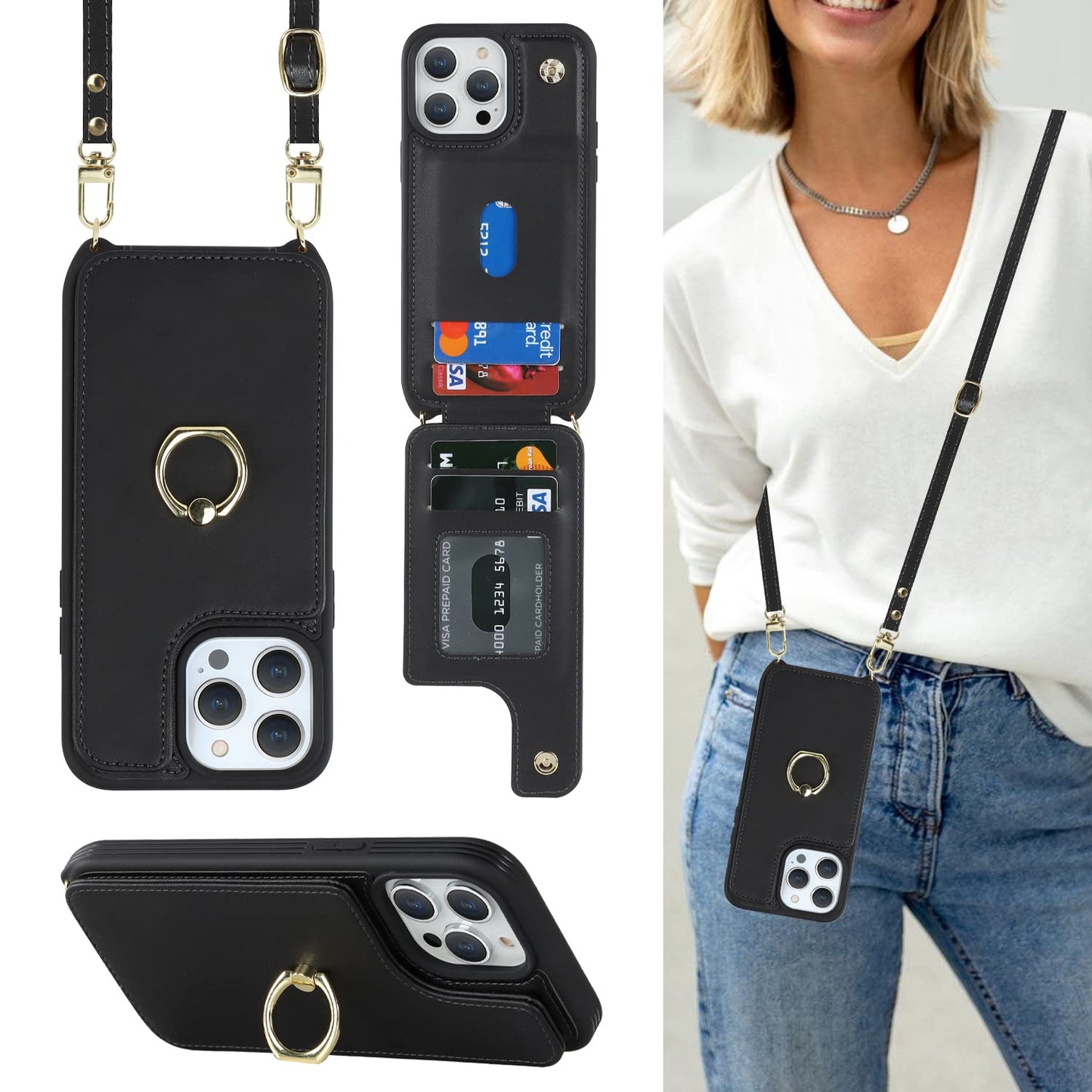 Lipvina For Iphone 14 Pro Max Case With Card Holder For Women,Phone Case With Strap,Crossbody Lanyard,Ring Stand,Snap Clasp,Cute