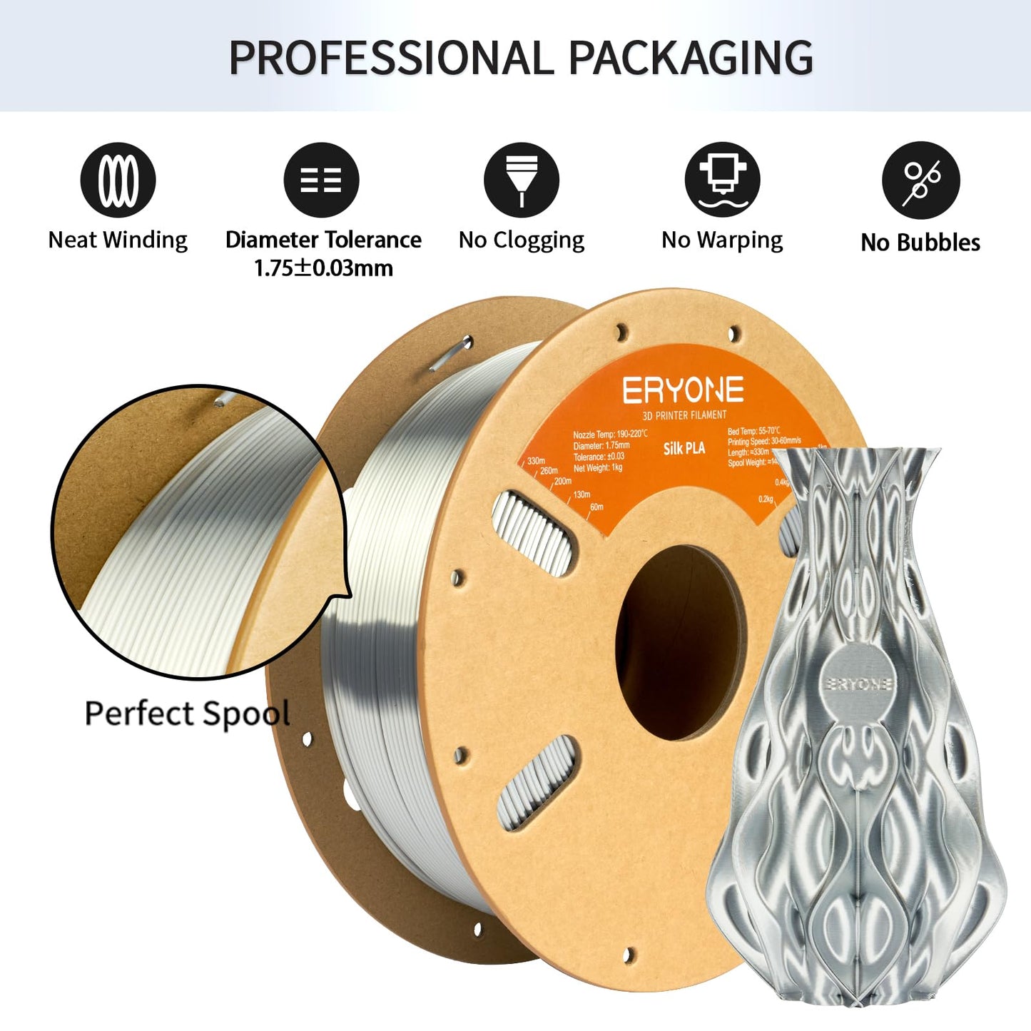 ERYONE Silk PLA Filament for 3D Printer, 1.75mm +/- 0.03mm, 1kg (2.1LBS)/Spool, Silk Silver