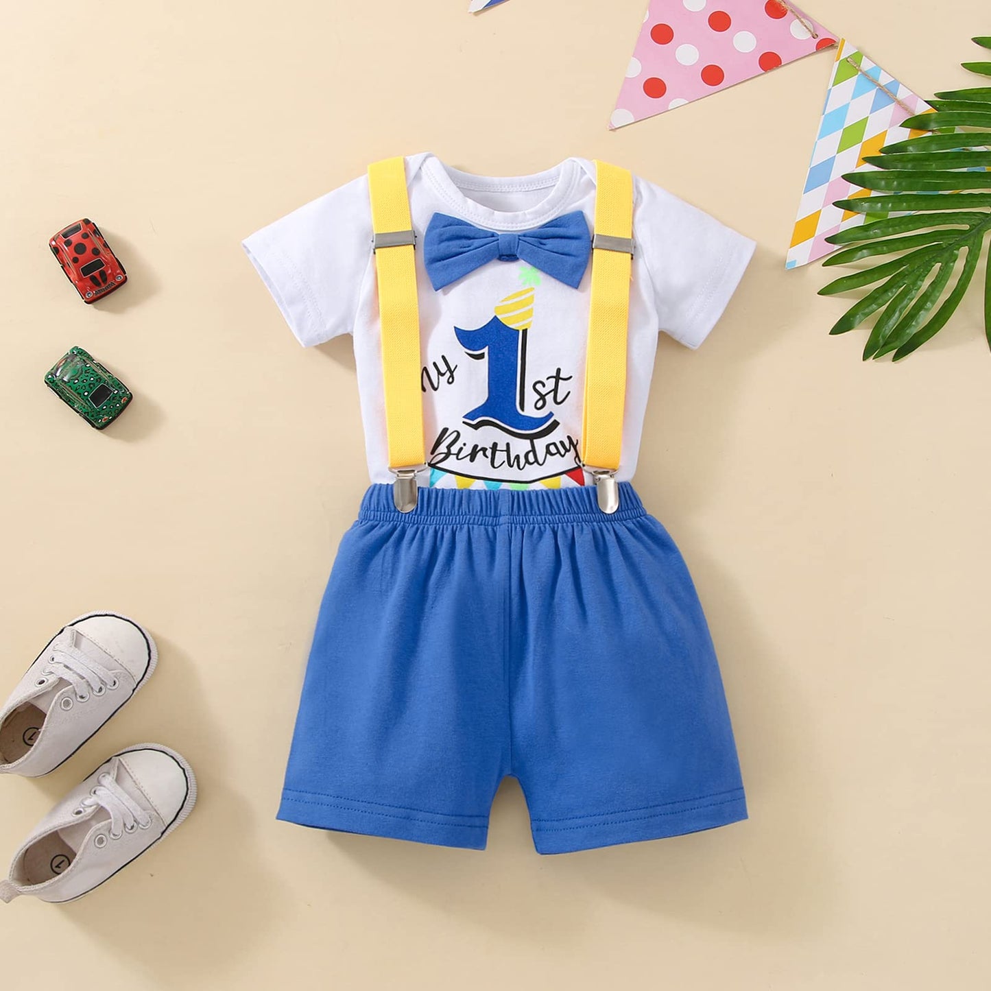 Highnesson-ww Baby Boy Funny First Birthday Clothes Infant Clothes Bow Tie Blue Romper Pants Set Suspenders Cake Smash Outfits