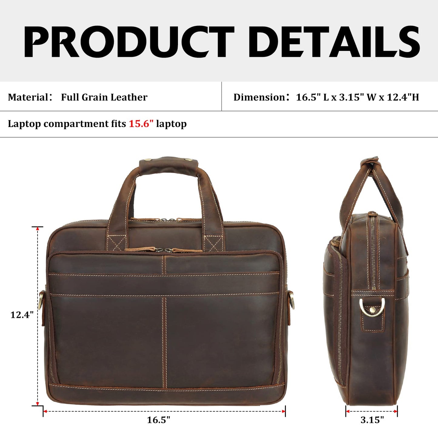Polare Full Grain Leather 16.5'' Laptop Bag Briefcase for Men Business Messenger Work Bag Fits 15.6'' Laptop (Dark Brown)