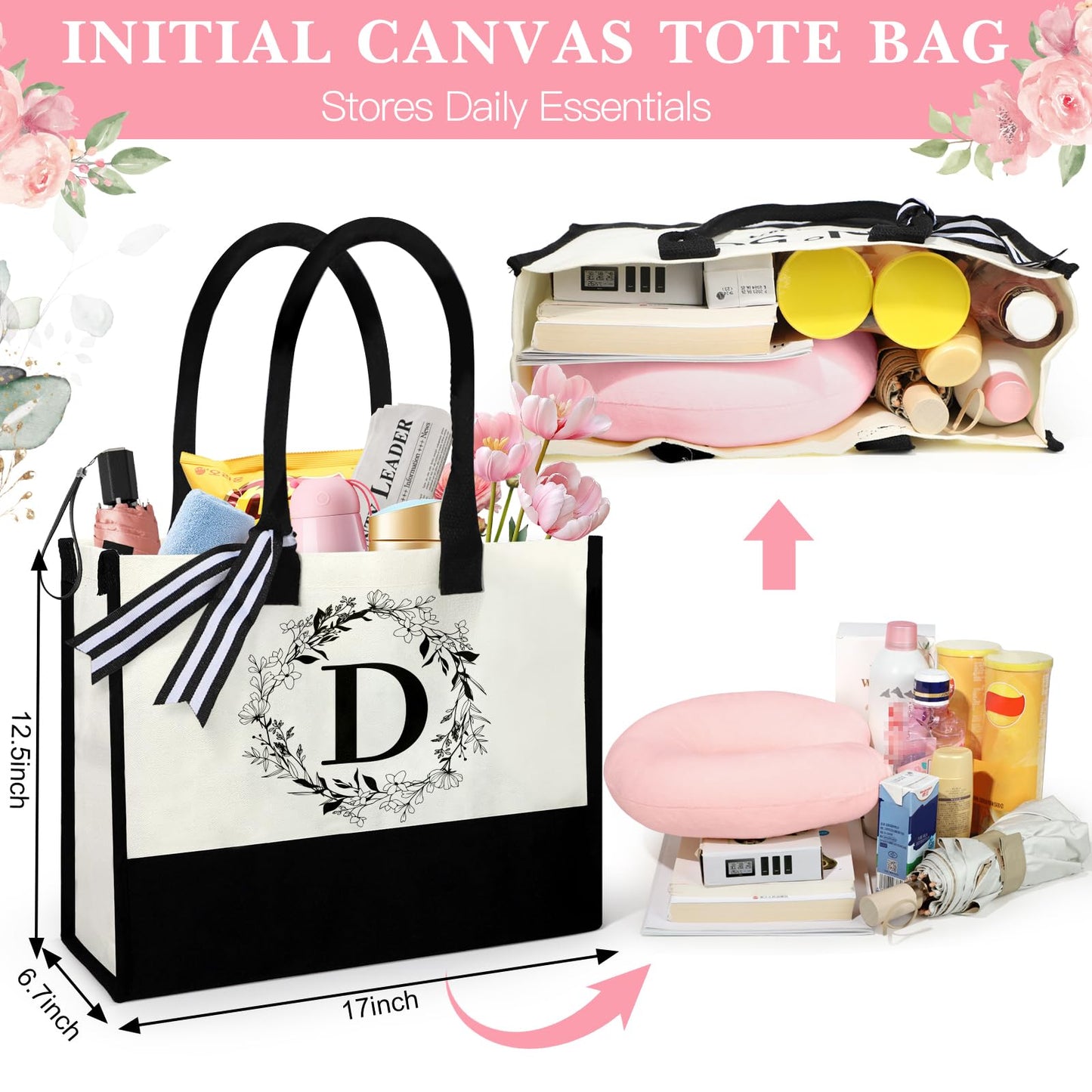 Initial D Birthday Gifts Women, Unique Personalized Monogrammed Gift with Initial Canvas Tote Bag 16oz Glass Cup Jewelry Case Box for Mom Teacher Sister Friend Wife Coworker Mothers Day Gifts