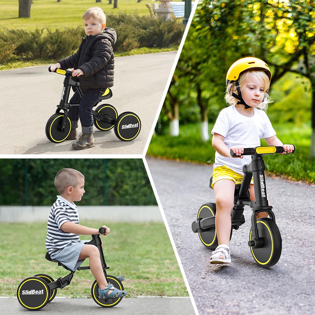 SLIDBEAT 4 in 1 Toddler Tricycle for Age 2-4 Years Old Kids, Big Wheel Adjustable Seat Balance Bike with Removable Pedal for Boys Girls Birthday