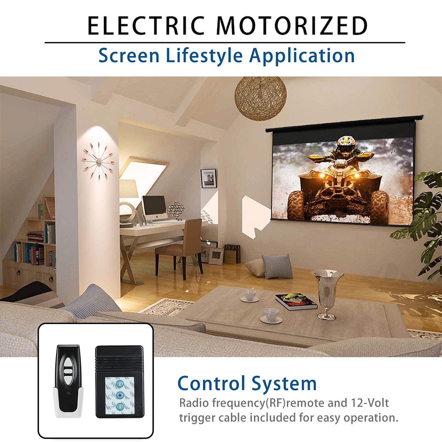 Kayle 120" Motorized Projector Screen Electric Diagonal Automatic Projection 4:3 HD Movies Screen for Home Theater Presentation Education Outdoor Indoor W/Remote Control and Wall/Ceiling Mount (Black)