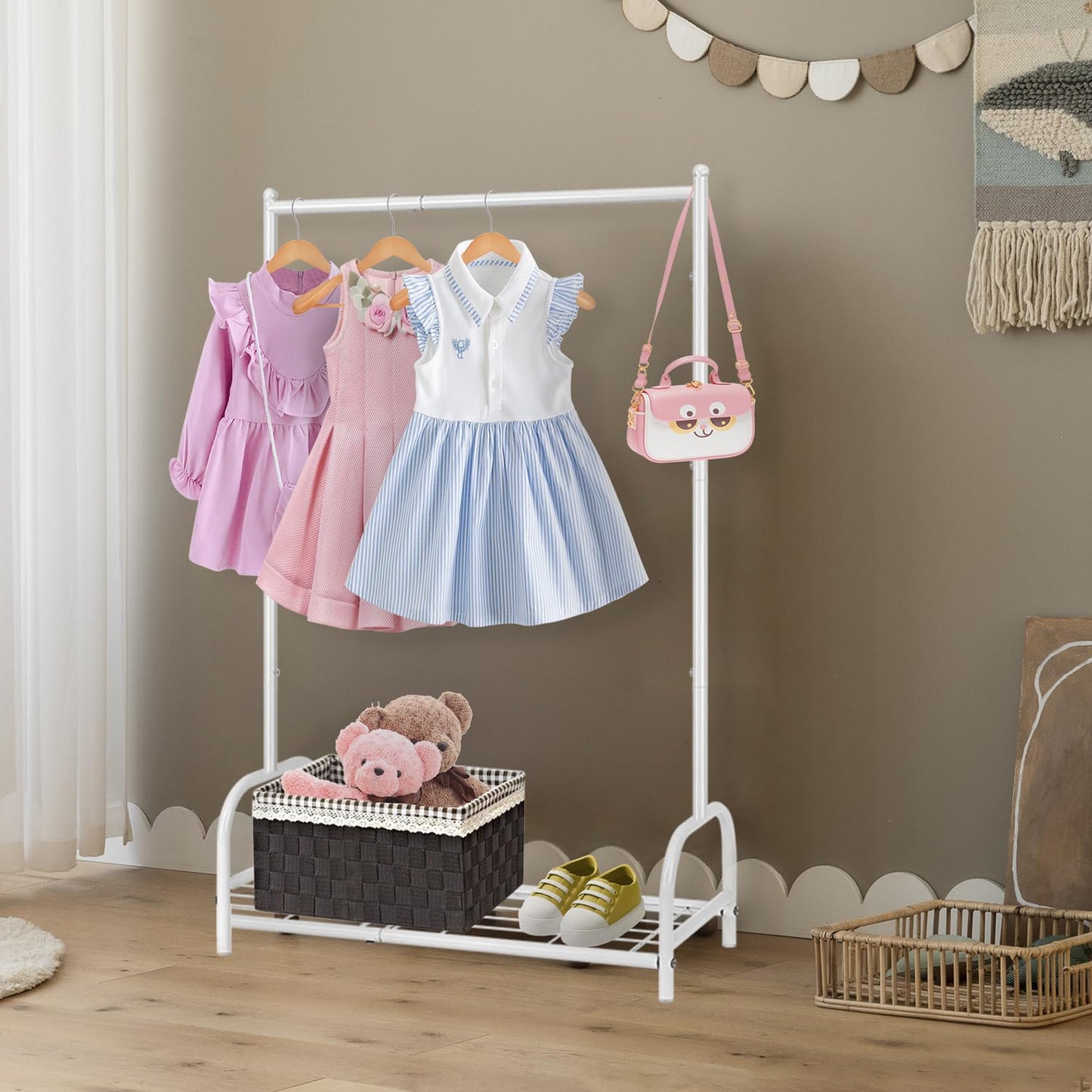 Becomrock Kids Clothing Rack, Small Clothes Shelf with Metal Storage Shelf, Kids Dress Up Storage Rack, (White)