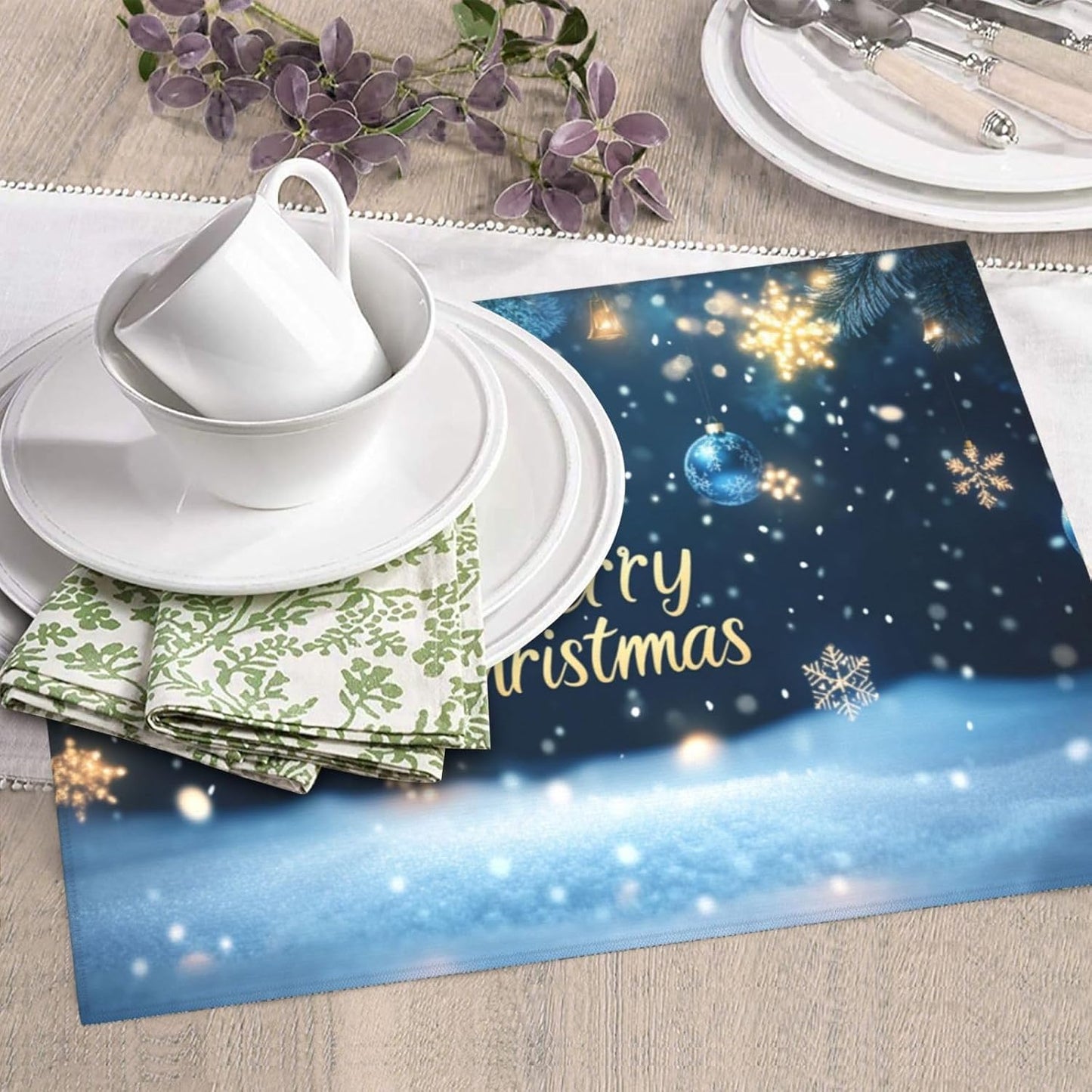 Dish Drying Mat Winter Snowflake Christmas Blue Ball Absorbent Microfiber Non Slip Quick Dry Heat Resistant Holiday Decorative Kitchen Counter Mat for Plates Cups Glasses 16x18 Inch