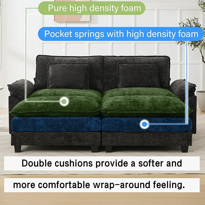 Oprisen 86" Modular Sectional Sofa, Comfy Cloud Couch Sectional Sofa with Ottoman, Chenille Sofa Sleeper Deep Seat Sofa with Throw Pillows for Living Room (Black)