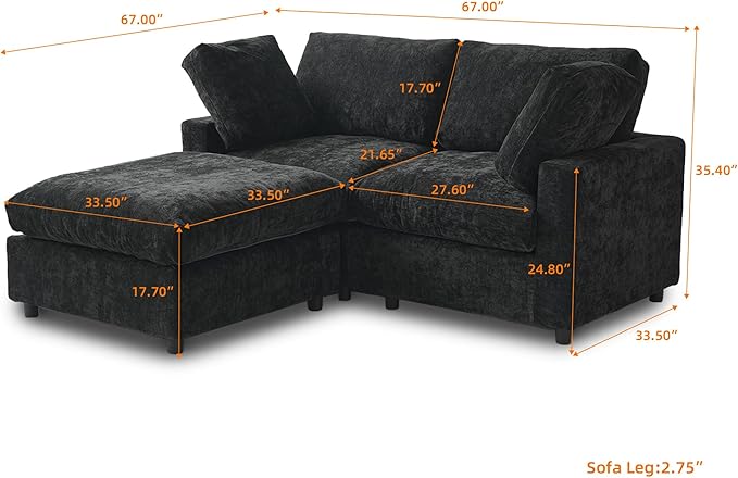 WJShome Cloud Couch Modular Sectional Sofa,67" L Shaped Couch, Convertible Wide Seater, 2 Seater+Ottoman for Living Room Set,Covers Washable&Replaceable,Black