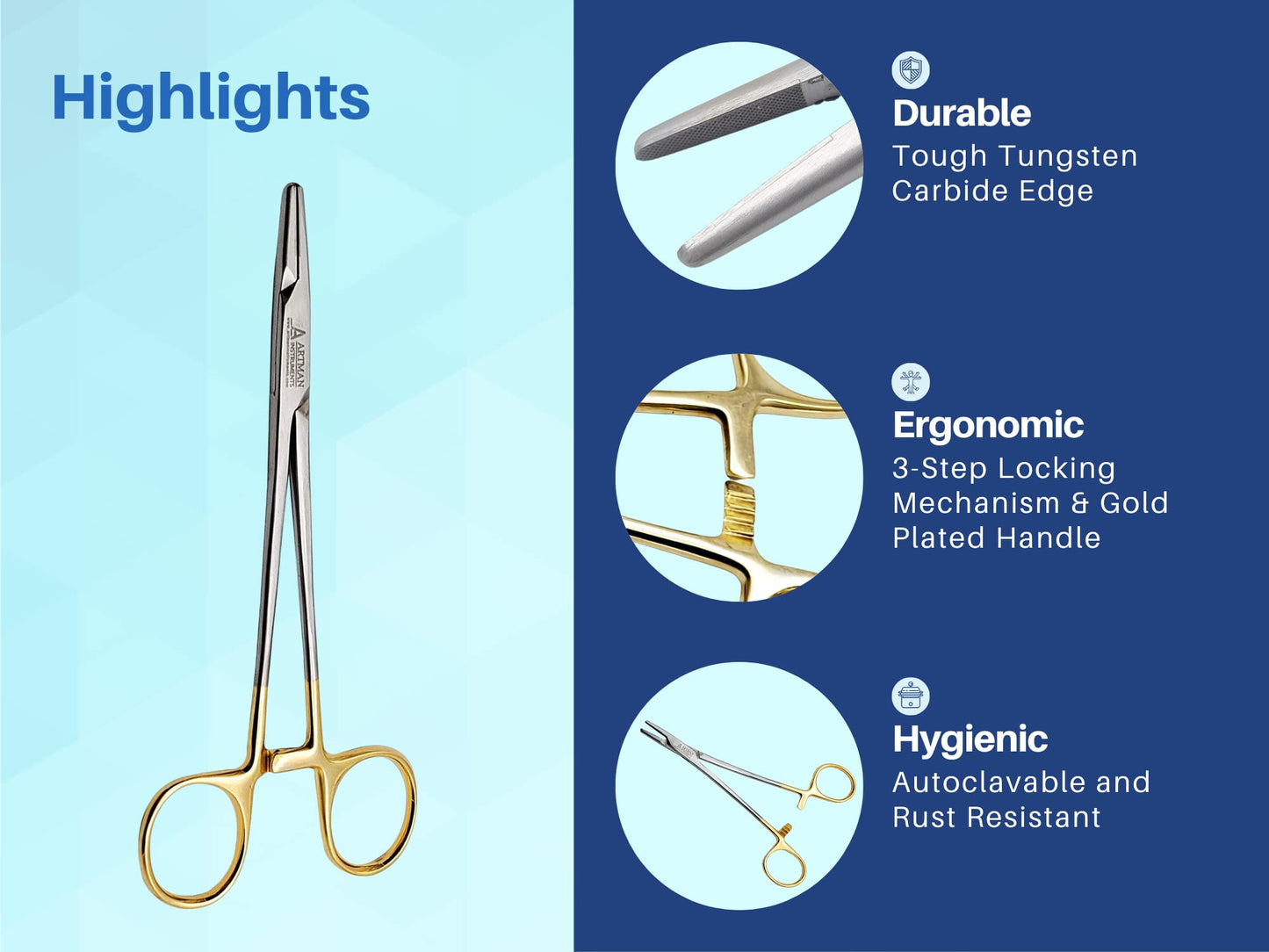 ARTMAN INSTRUMENTS Mayo Hegar Needle Holder 6" Tungsten Carbide Inserts, Gold Plated Needle Driver with Strong Lock, Serrated Jaws for Precise Suturing, Autoclavable