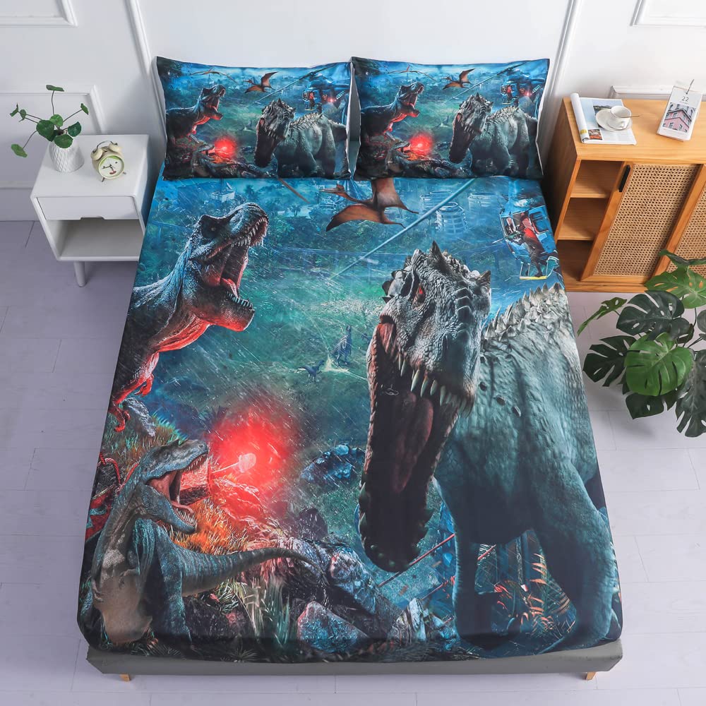 Roscloud Kids Dinosaur Sheet Set - Full Size Boys 3D T-Rex & Triceratops Dinosaur Bed Set - Fitted Sheet x 1, Pillowcase x 2