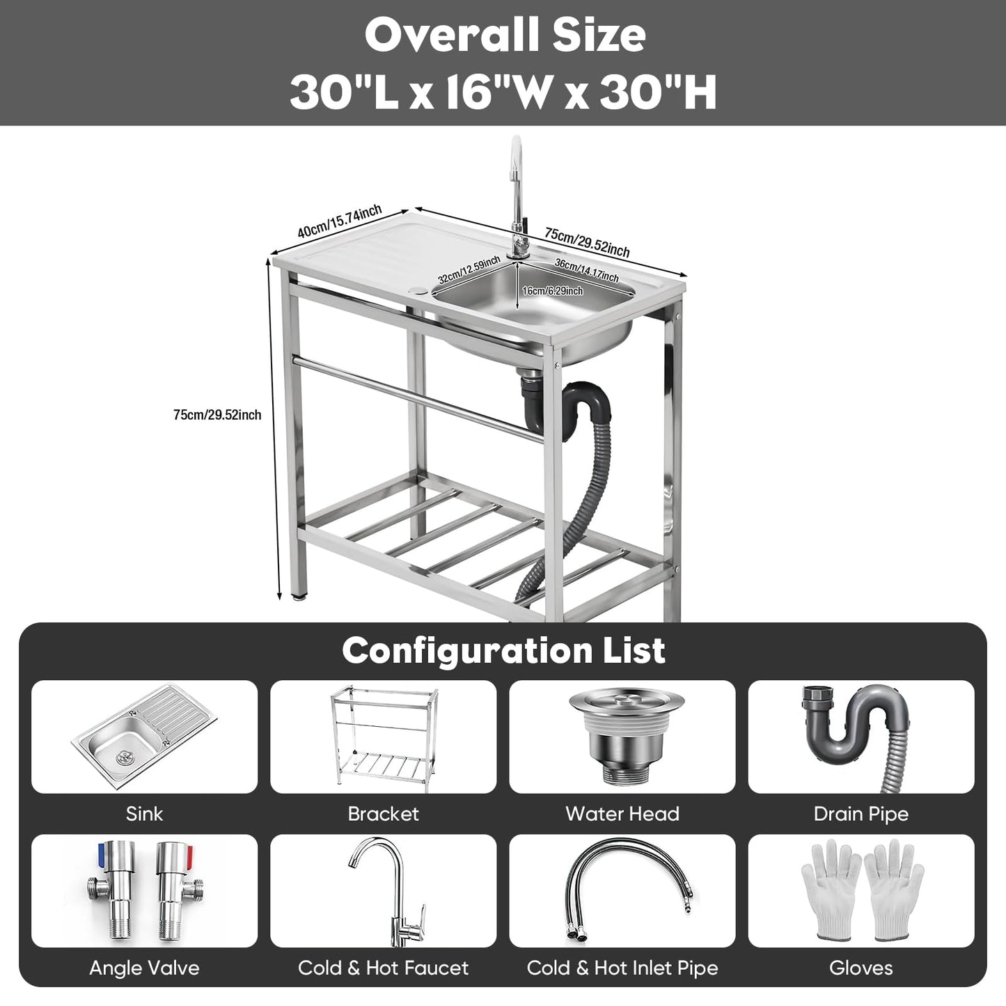 DuyviSteil Free Standing Single Bowl Kitchen Sink, Stainless Steel Utility Sink with Dual-inlet Design Faucet for Kitchen, Garage, Backyard
