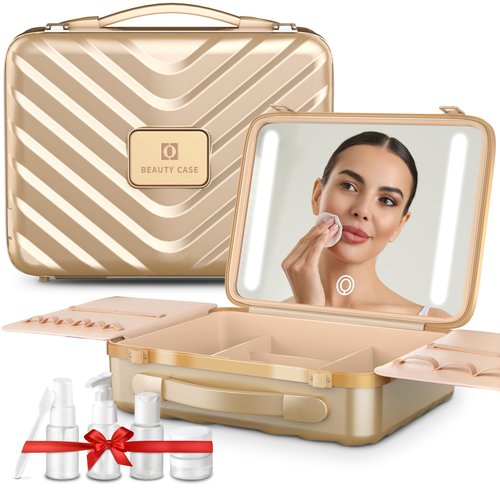 EASYINBEAUTY Travel Makeup Case with Lighted Mirror, Rechargeable LED Makeup Mirror Travel Case with 3 Color Modes & Adjustable Brightness, Portable Makeup Storage Box for Girls, Women & Makeup Artist