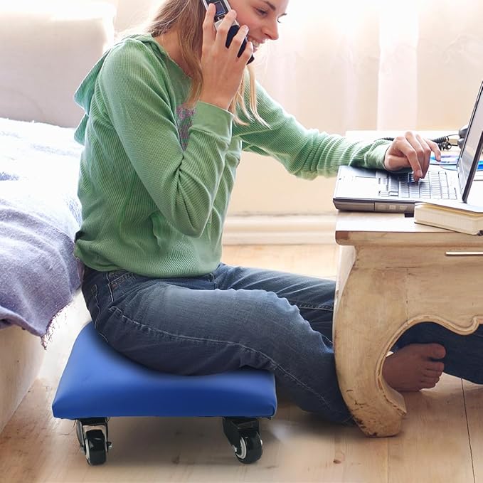 FLOLXNB Low Height Rolling Stool Low Roller Seat PU Leather Square Roller Seat Stool Low Rolling Chair for Home Office Fitness Garage (Blue)