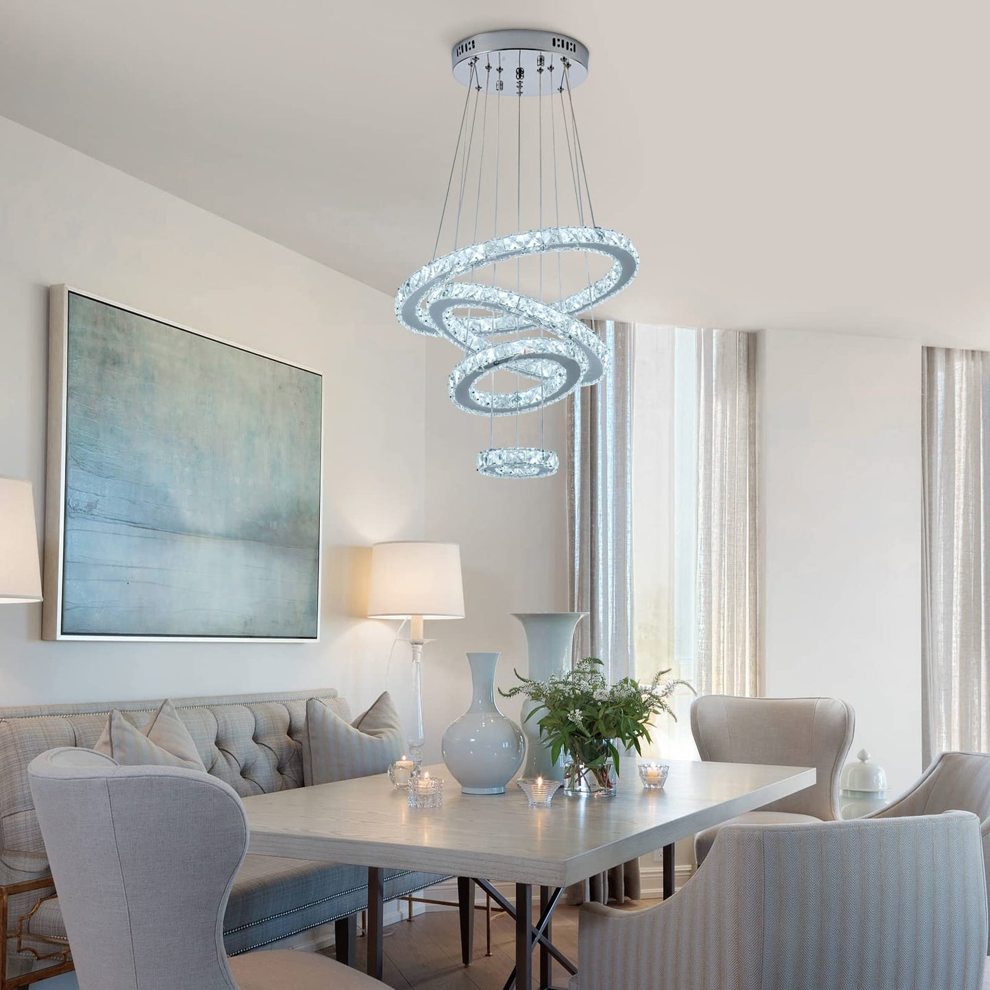 KKMYWAN Modern Crystal Chandelier, Dimmable 4 Rings LED Linear Chandelier Dining Room Light Fixture with Remote for Dining Room, Entryway, Bedroom,Living Room and Foyer Size: Ø5.5+9.4"+13.4"+17.3"