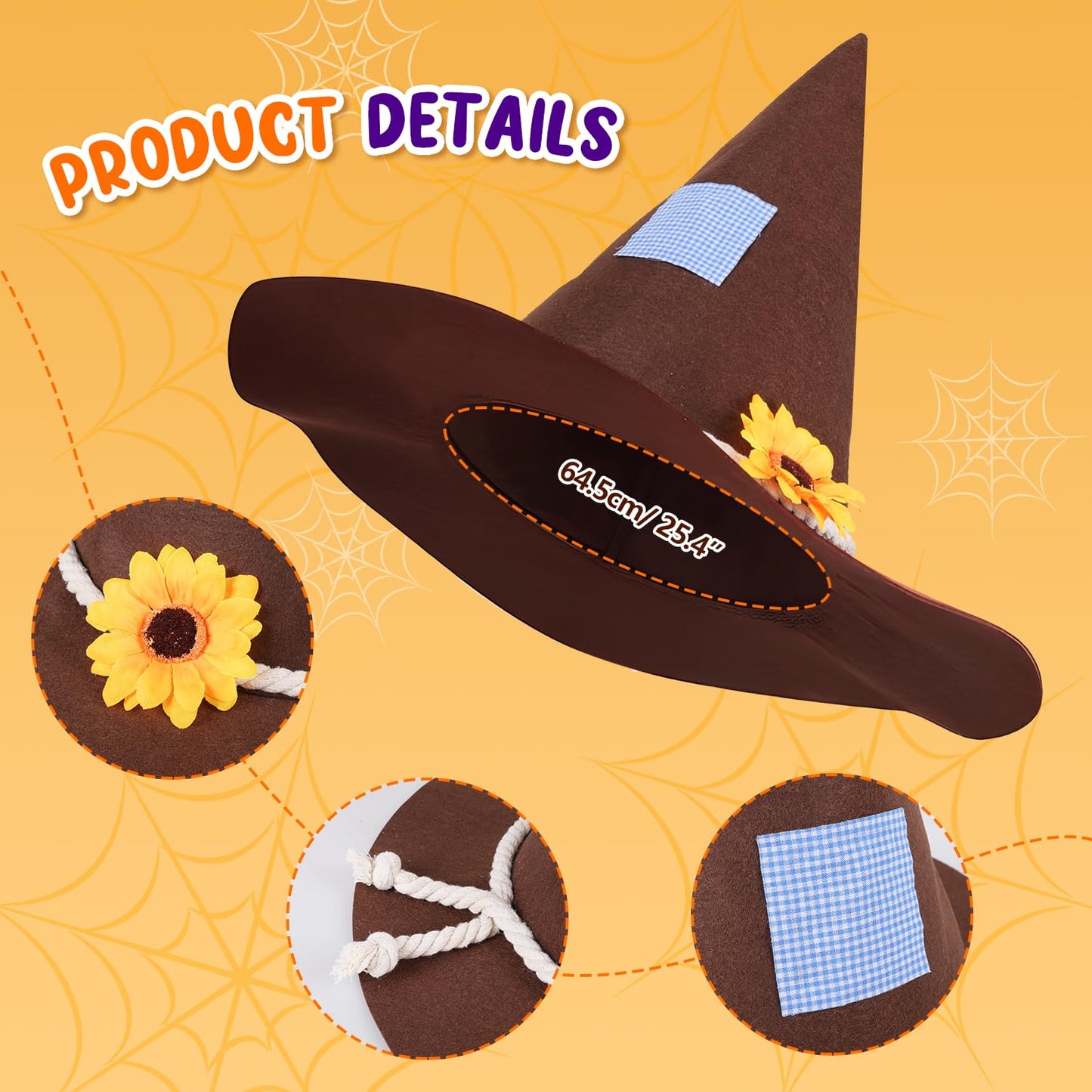 MOVINPE 12 Pieces Scarecrow Costume Kit for Adult Kids, Raffia Scarecrow Accessories Felt Hat Rope Face Decals Sunflower Patchwork for Halloween Harvest Cosplay Party Brown