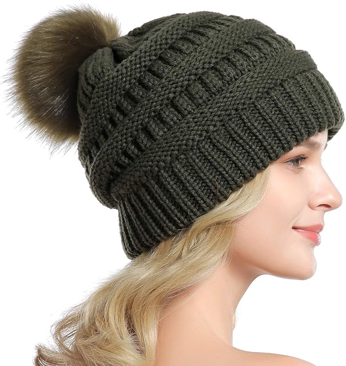 QUEENFUR Women Knit Slouchy Beanie Chunky Baggy Hat with Faux Fur Pompom Winter Soft Warm Ski Cap