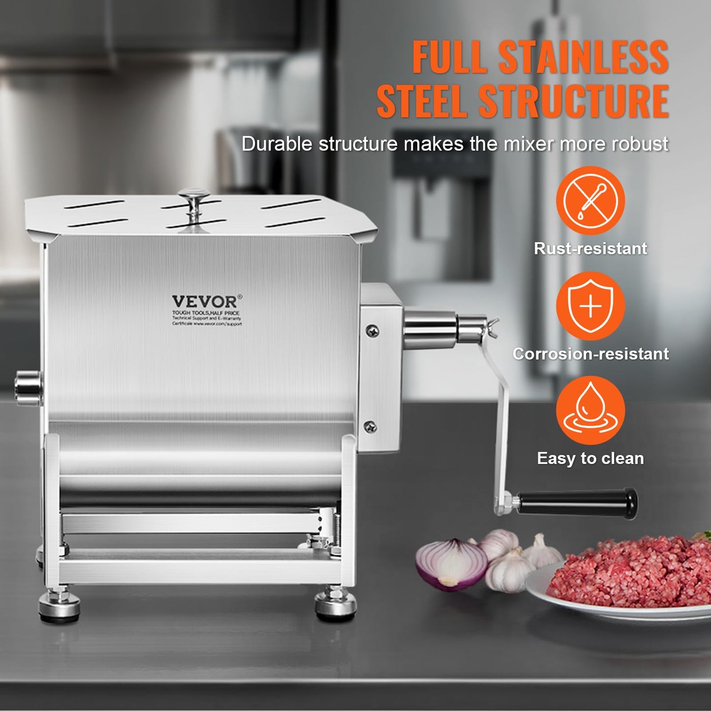 VEVOR Manual Meat Mixer, 15 Pound Capacity Tank Meat Processing Equipment, Stainless Steel Meat Mixer, Sausage Mixer Machine with Lid and Handle, Ground Beef Hand Mixer, Silver