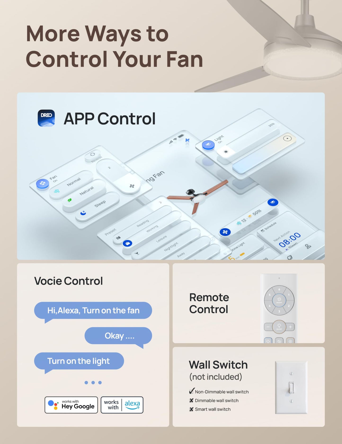 Dreo 52 Inch Smart Black Ceiling Fans With Lights, 12 Speeds & 3 Fan Modes, Stepless Color Tones, Dimmable Led Light, 1-12H Time