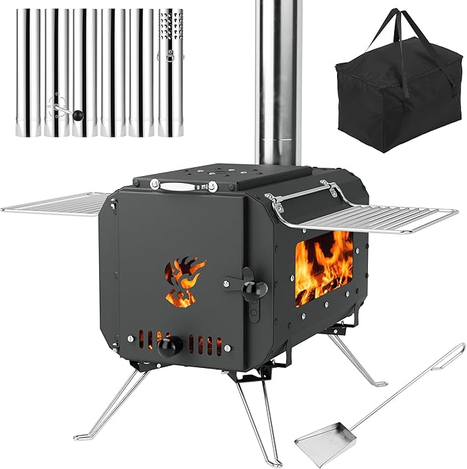 Cast Iron Portable Wood Burning Camping Stove, Compact Tent Stove with Chimney Pipe & View Glass for Ice Fishing, Hiking, ...