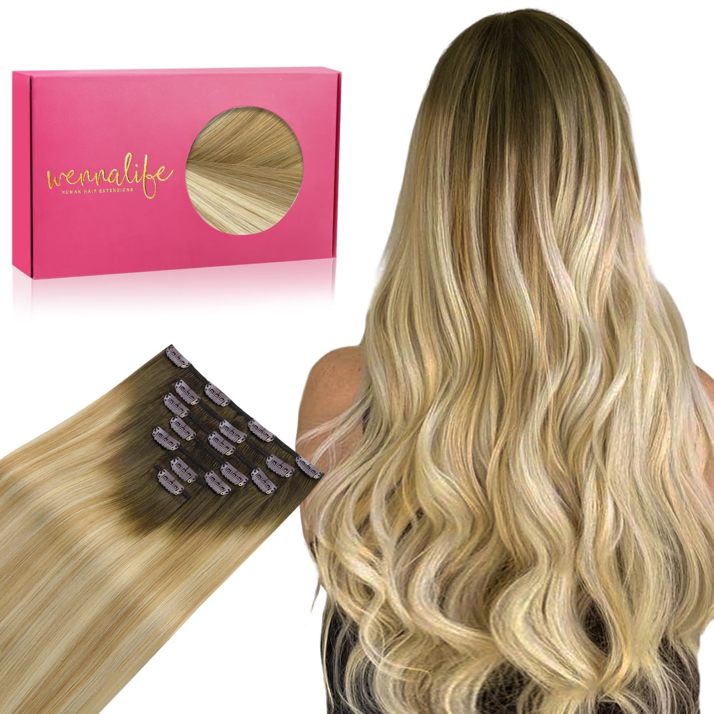 WENNALIFE Clip in Hair Extensions Real Human Hair, 22 Inch 120g 7pcs Remy Hair, Balayage Light Ash Brown to Light White Blonde H