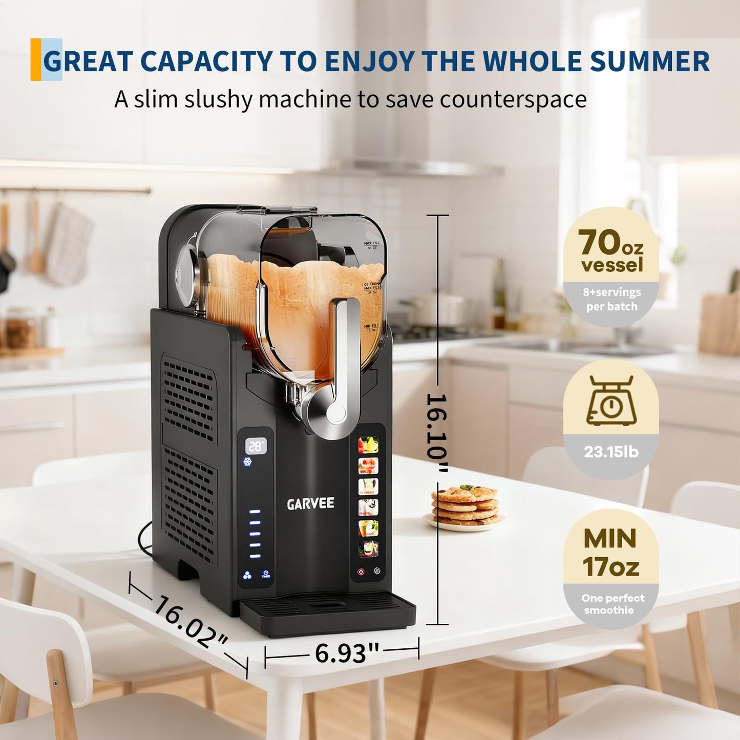 Garvee Slushie Machine for Home No Ice Needed, Frozen Drink Maker with LED Display & 6 Pre-Set Programs, 70 oz Large Capacity for Frozen Margaritas,Frappés,Ice Cream, Dark Gray