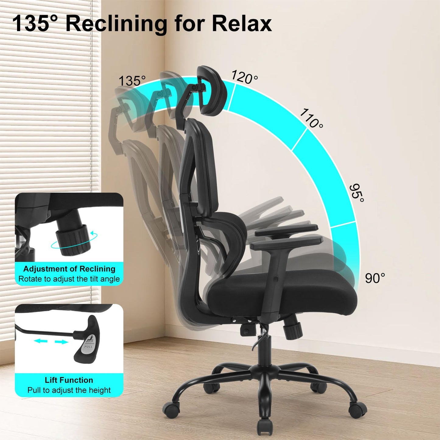 Executive Office Chair, Ergonomic High Back Mesh Desk Chair with Adjustable Height & Armrests, Lumbar Support Swivel Task Chair, 350LBS Executive Computer Chair for Home Office Study Meeting
