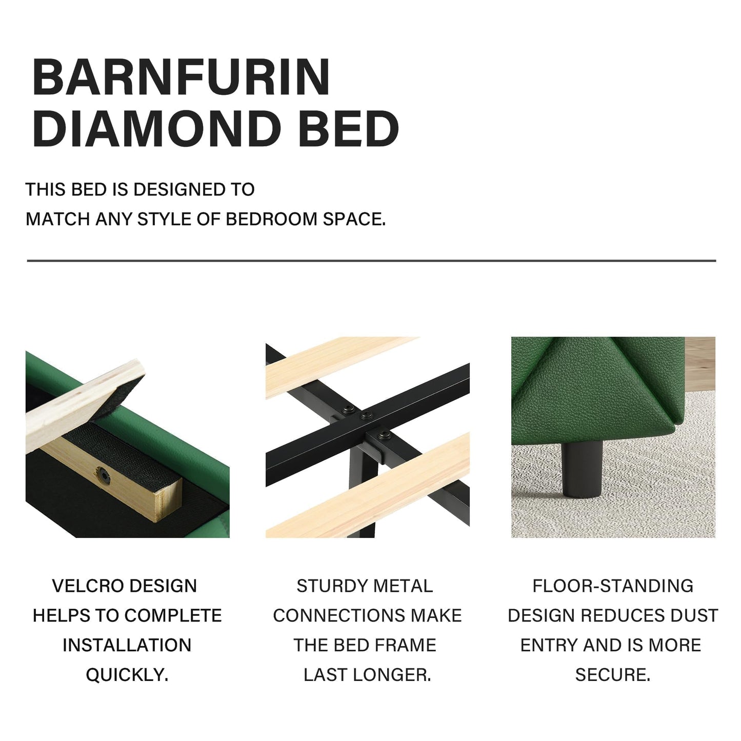 Twin Bed Frames with Headboard, Faux Leather Upholstered Bed with Diamond Tufted Design, Modern Platform Bed with Wooden Slats Support, No Box Spring Required, Easy Assembly, Green
