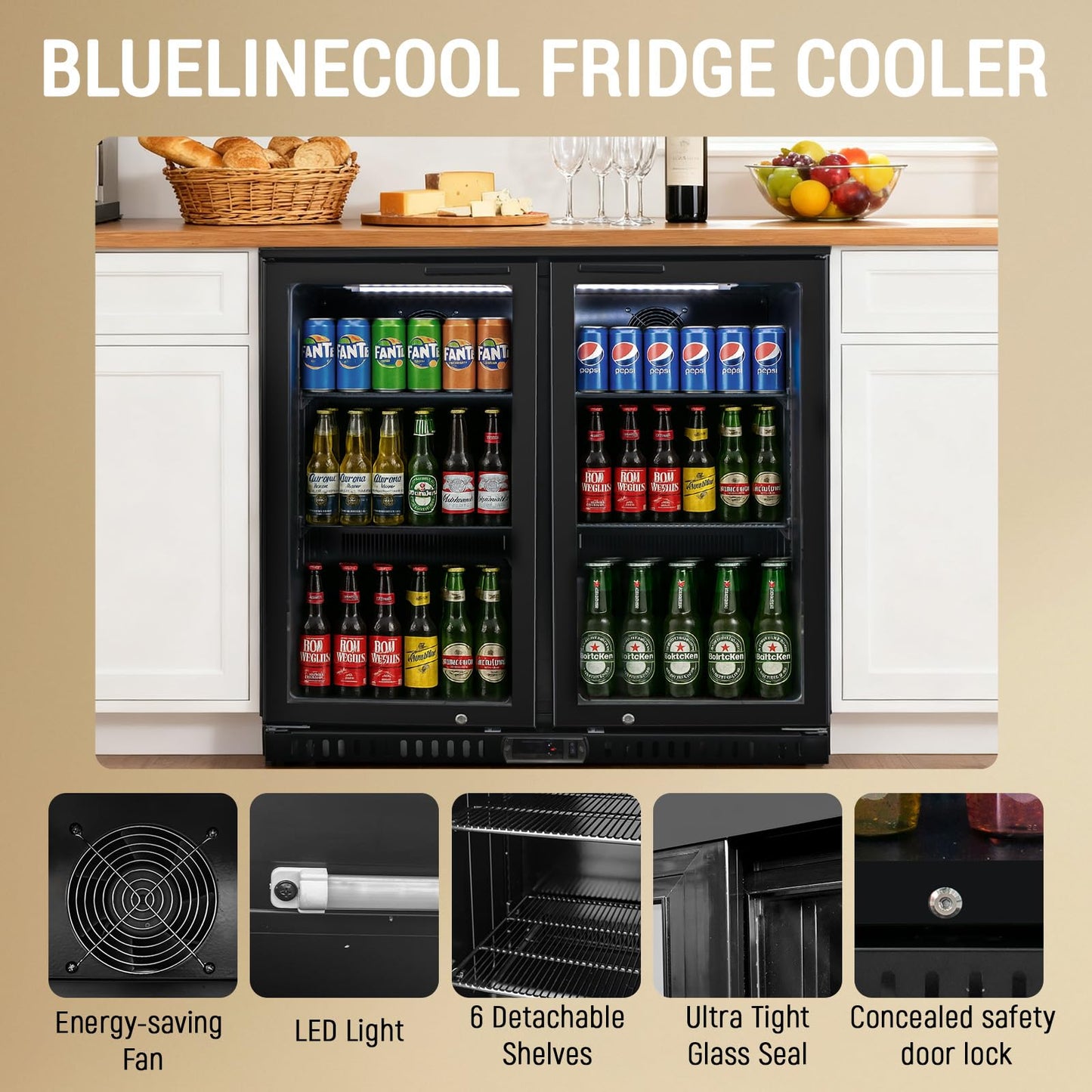 Bluelinecool Commercial Back Bar Cooler with 2 Glass Doors, 7.4 cu.ft Under Counter Beverage Refrigerator, LED Lighting - ETL Certified Beer and Wine Cooler for Bar, Restaurant, Garage, Office, Home