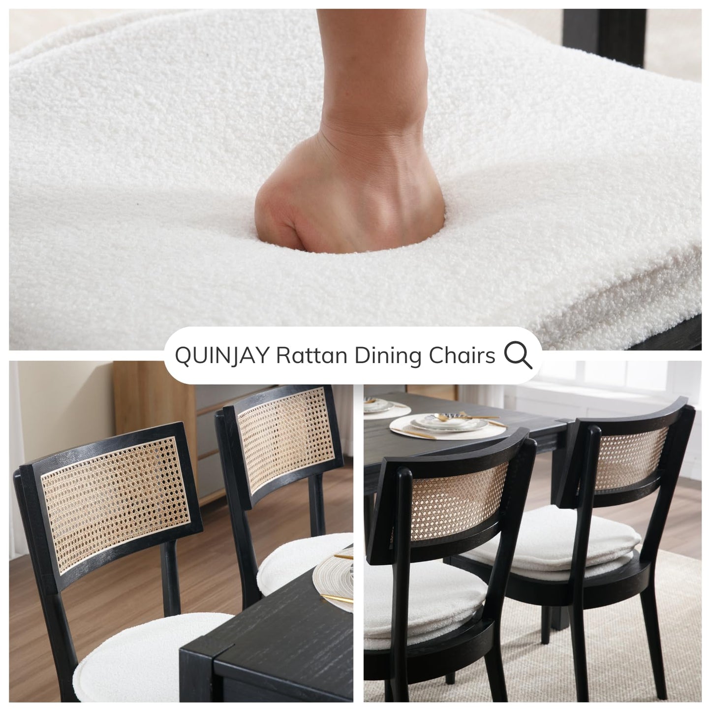QUINJAY Rattan Farmhouse Dining Chairs Set of 4, French Country Sherpa Dining Chairs with Cane Back, Upholstered Boucle Dining Room Chairs Rustic Kitchen Chairs with Wood Frame for Living Room, Black