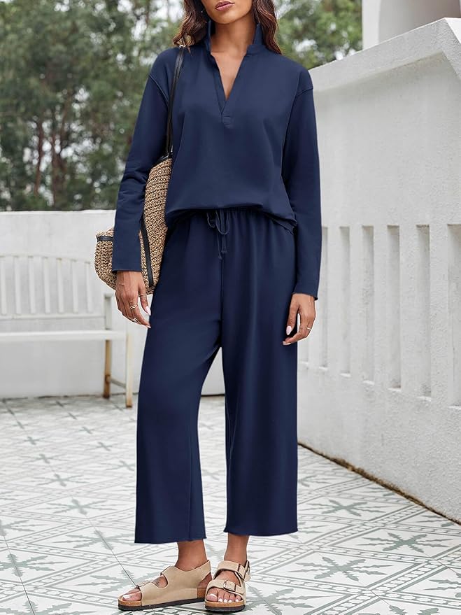 Imily Bela Womens 2 Piece Outfits Sweatsuit Long Sleeve Lapel V Neck Shirt and Wide Leg Pants 2025 Fall Trendy Tracksuit