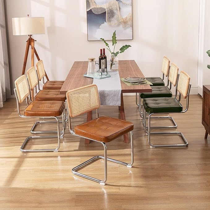 Zesthouse Natural Rattan Dining Chairs Set of 6, Modern Dining Room Chairs with Solid Wood Back for Kitchen Living Room, Mid Century Breuer Design Inspired, Upholstered Faux Leather Brown