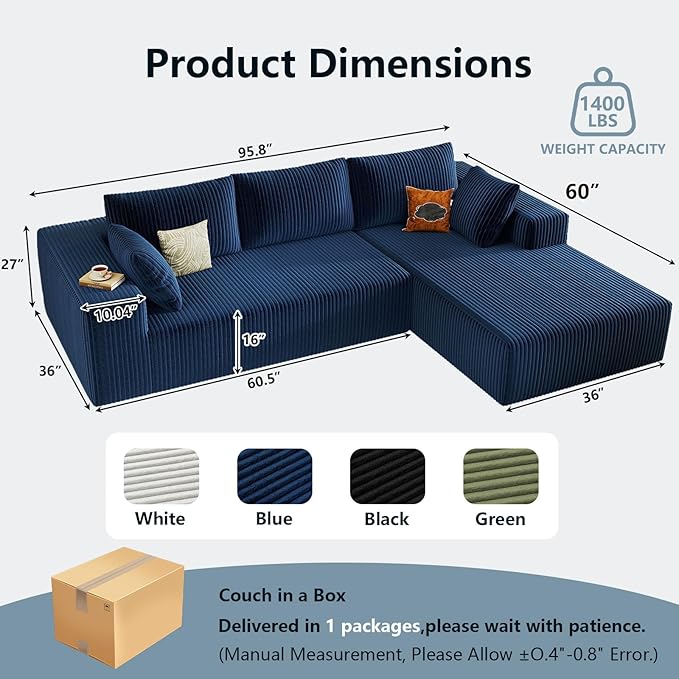 96" Cloud Sectional Couch with L-Shape Chaise, Modern Corduroy Boneless Couch for Living Room,Memory Foam Sofa with Deep Seat,No Assembly Required (Blue,Right-Facing Chaise)