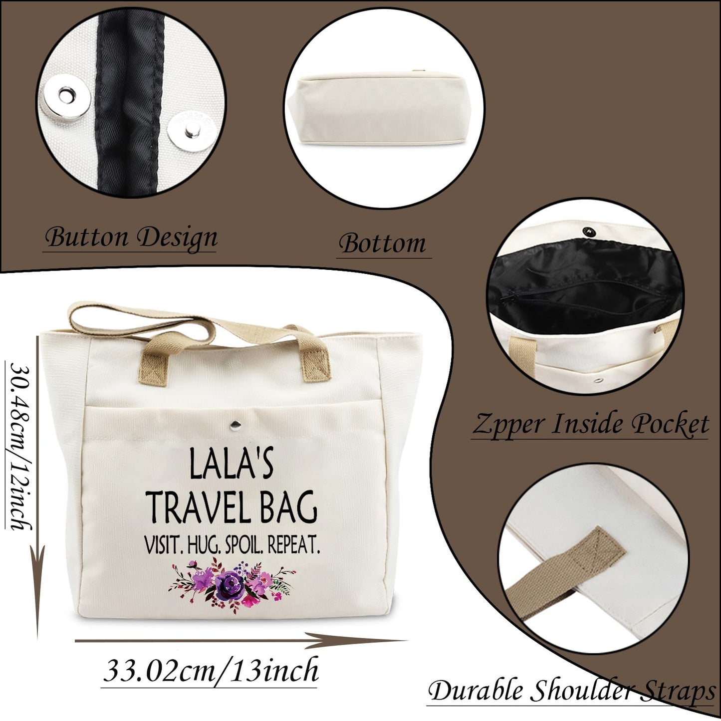 WCGXKO Lala Gift Best Lala Gift Lala Birthday Gift Lala’s Travel Bag Visit Hug Spoil Repeat Tote Bag (LALA TB), Large