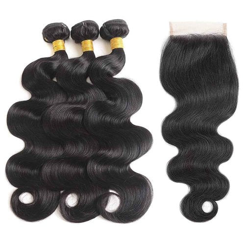 SIIKAP Body Wave Bundles with Closure (18 20 22+16，Free Part) Brazilian Body Wave Unprocessed Virgin human hair 3 bundles with 4x4 Lace Closure Natural Color