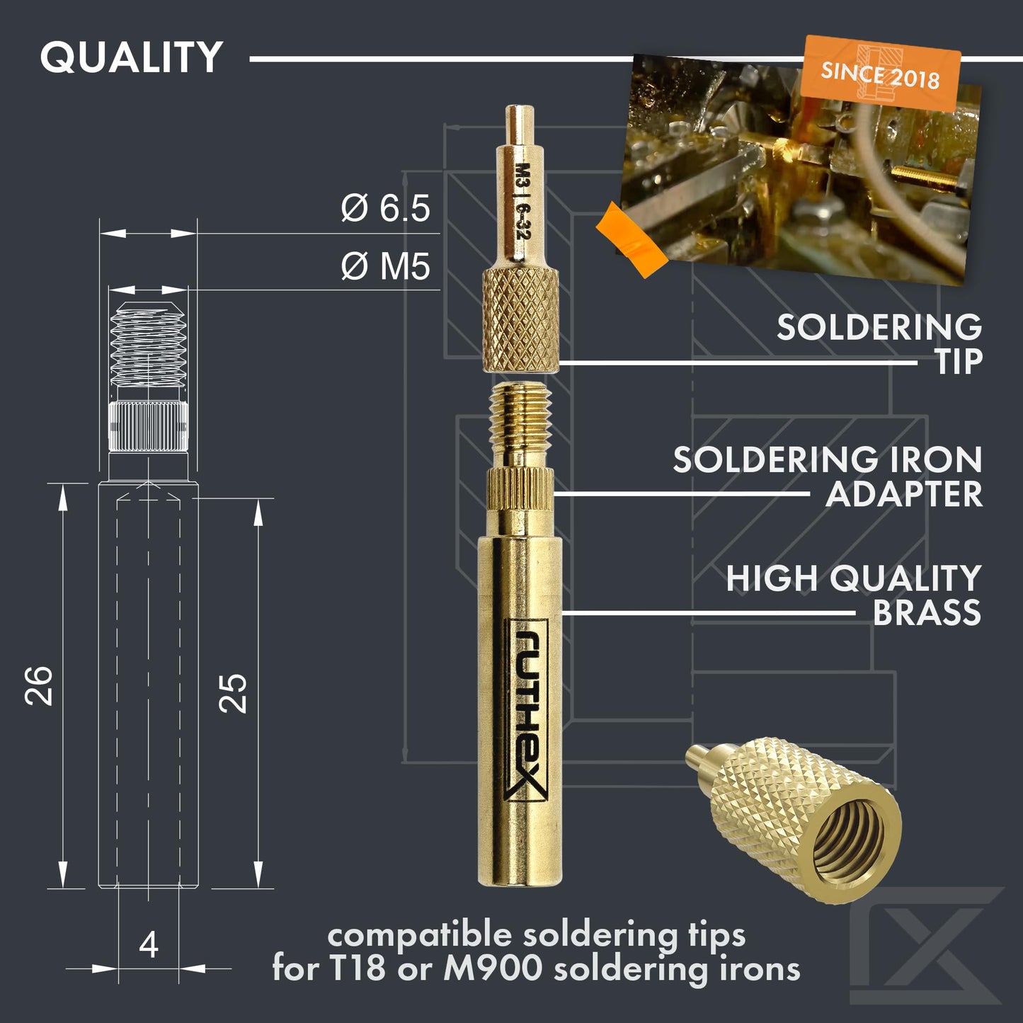 ruthex 7x Soldering Tips/Heat Set Insert Tips - for Thread Inserts M2 / M2.5 / M3 / M4 / M5 / M6 / M8 - #2-56 / #4-40/ #6-32/ #8-32/ #10-24 1/4" and Soldering Iron Adapter 900M / T18