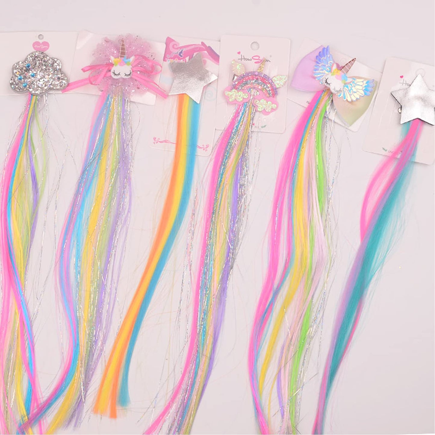 Little World Hair Clips for Girls, 6 Pcs Rainbow Hair Extensions, Unicorn Hair Clips for Girls Toddler Kids Ponytails, Hand-made Cute Glitter Hair Accessories