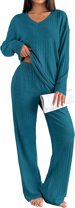 Ekouaer Lounge Sets for Women Long Sleeve Knit Ribbed Pajama Sets 2 Piece Casual Loungewear with Pockets