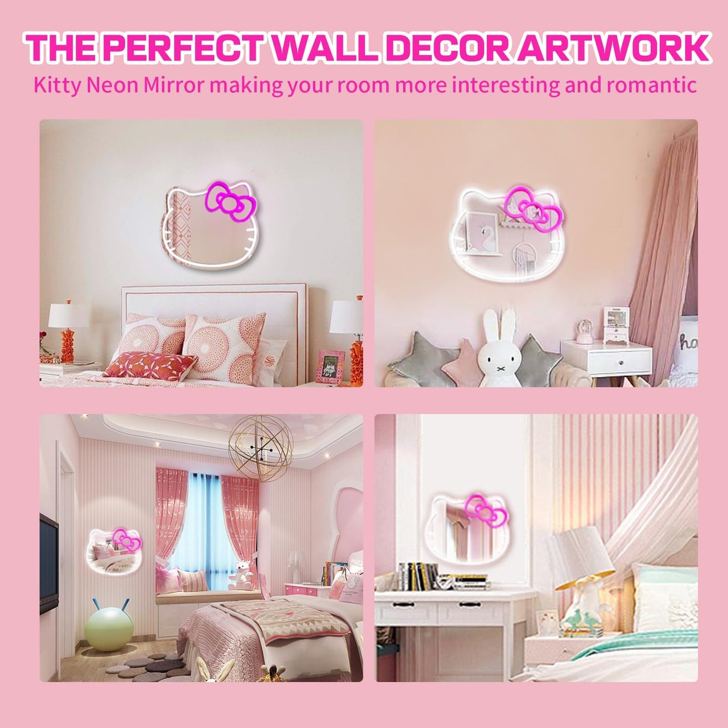 MCJSGSP Anime Hello Kit Mirror with Light Neon Signs for Wall Decor, Dimmable for Teen Girl Gift，Makeup Mirror neon Sign Room Decor (16.1 * 14 inch)