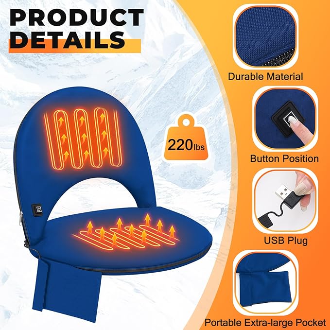 Teenyyou Heated Stadium Seat Cushion for Bleachers with Back Support Extra Portable Foldable Heating Stadium Seats Chair Pad with USB 3 Level Heating Pocket for Outdoor Sport
