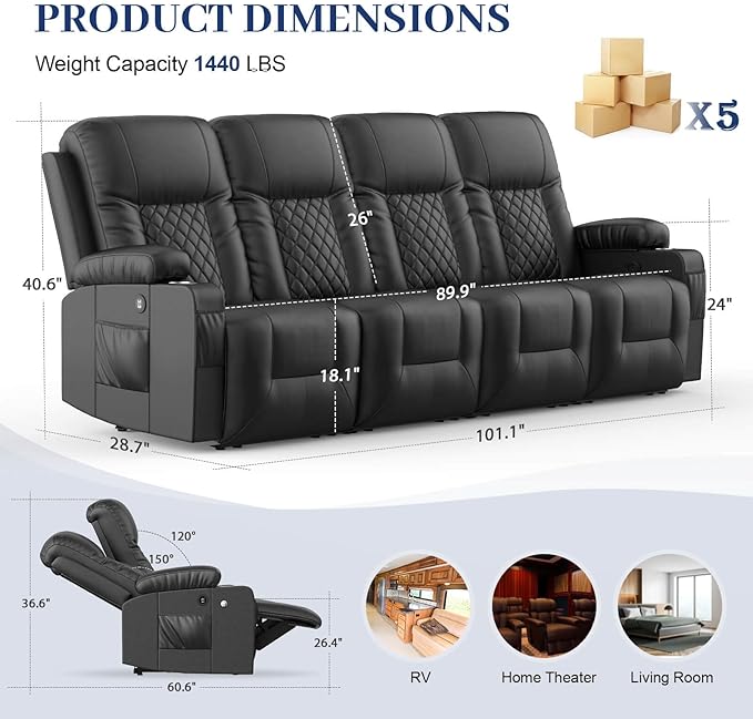 FURNIMAT Oversized Recliner Sofa, 4 Seats Dual Reclining Sofa, PU Leather Loveseat Couch, Modern Recliner Chair for Living Room, with Cup Holder and 2 Cell Phone Holders, USB Ports, Black