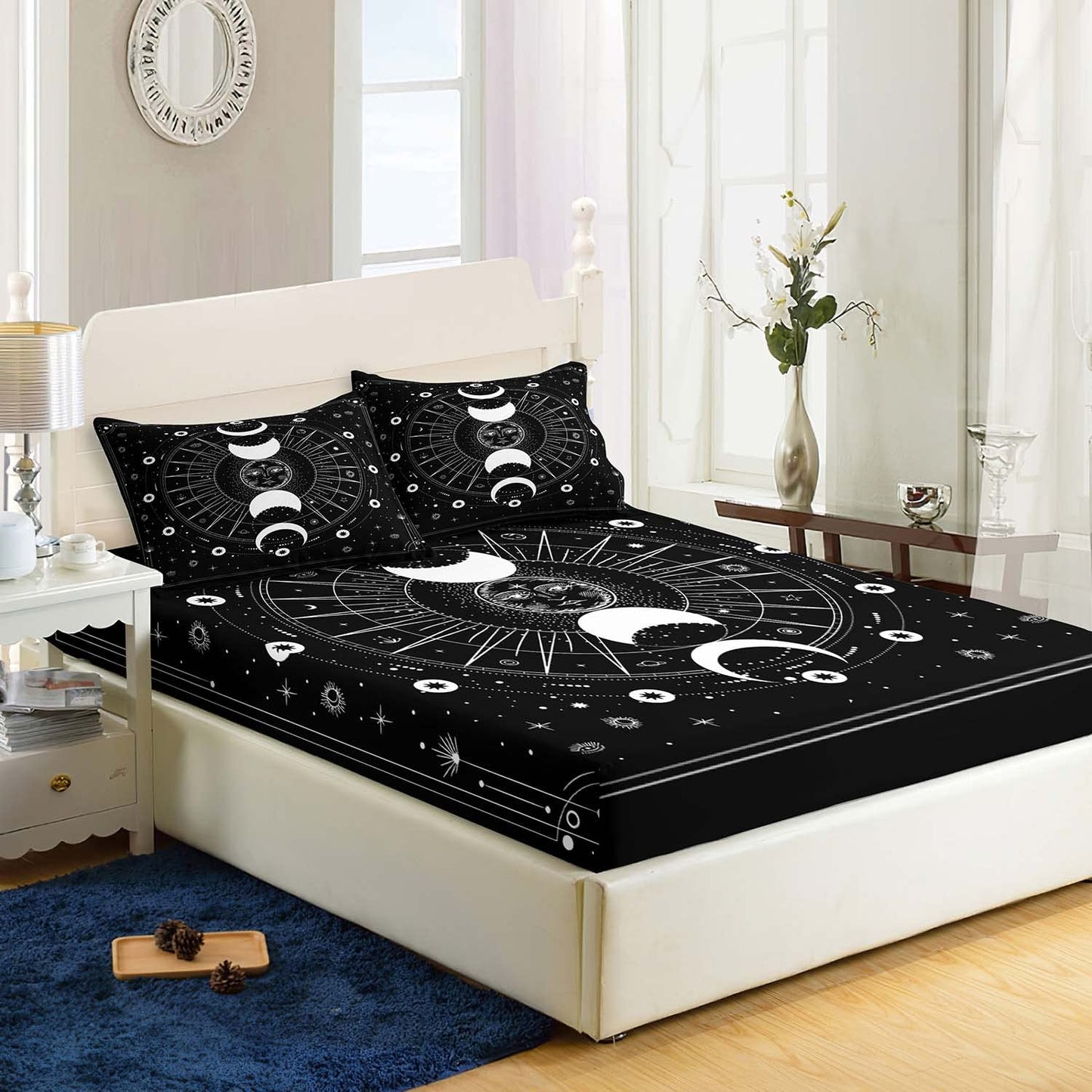 AILONEN Sun and Moon Fitted Sheet, Bohemian Sun Moon Bed Sheets Twin XL Size,Galaxy Astrology Sheet Set for Kids Girls Boys,Bedding Decor Set,1 Fitted Sheet and 2 Pillow Case,3 Piece