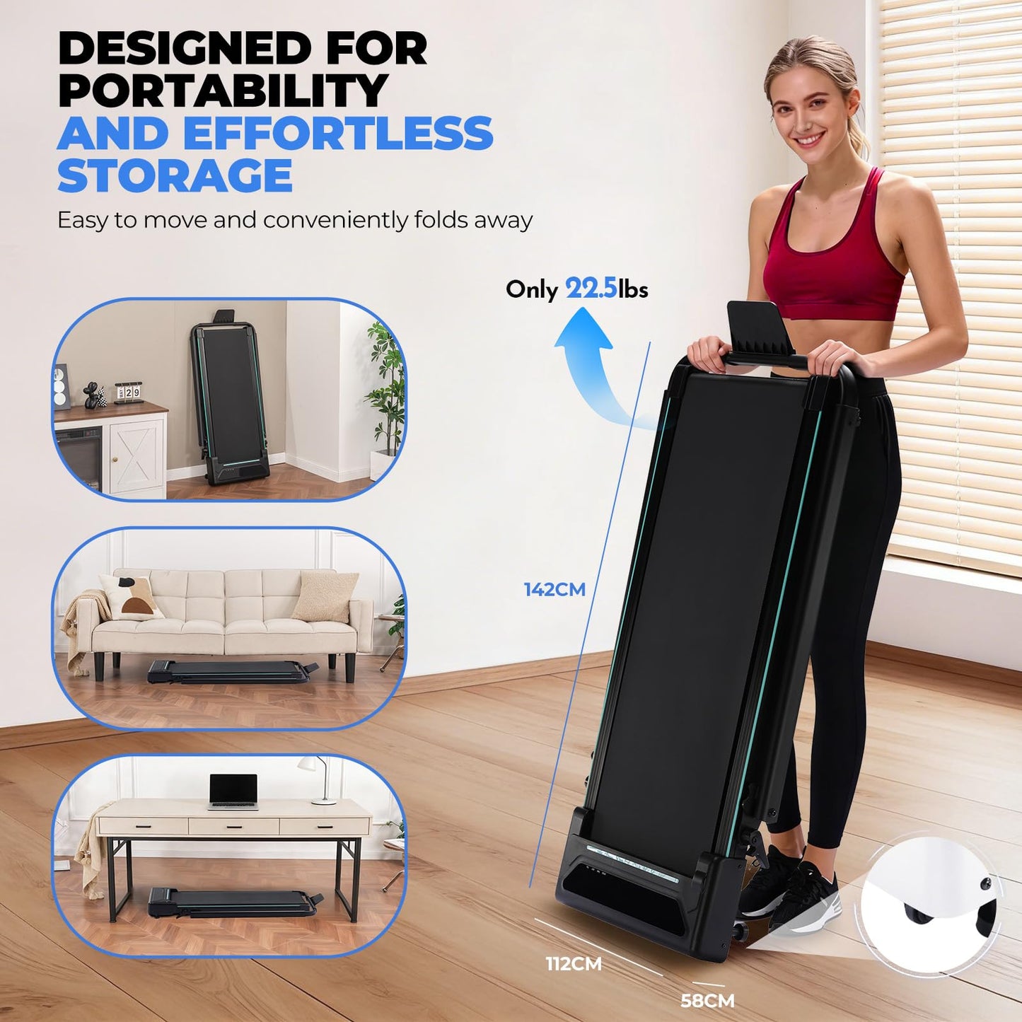 Gorise Walking Pad with Incline & Height-Adjustable Handlebar, 5-in-1 Foldable Treadmill for Home & Office, Portable Under Desk Treadmill 350LB with Remote Control LED Display Green