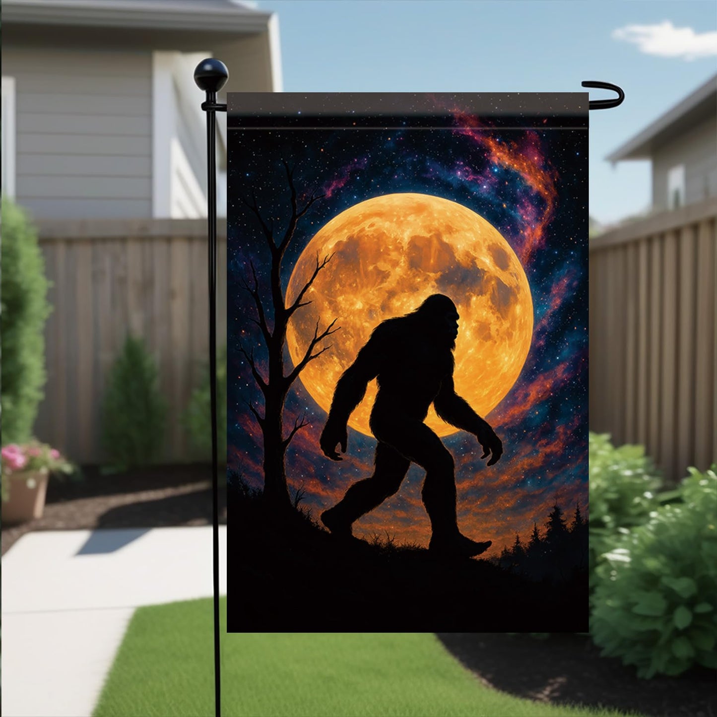 Starlit Patio Halloween Fall Garden Flag Sasquatch Flag 12x18 Inch Double-Sided Full Moon Forest Yard Banner Spooky Outdoor Decor for Porch Lawn Pathway Cryptid Lover Gift