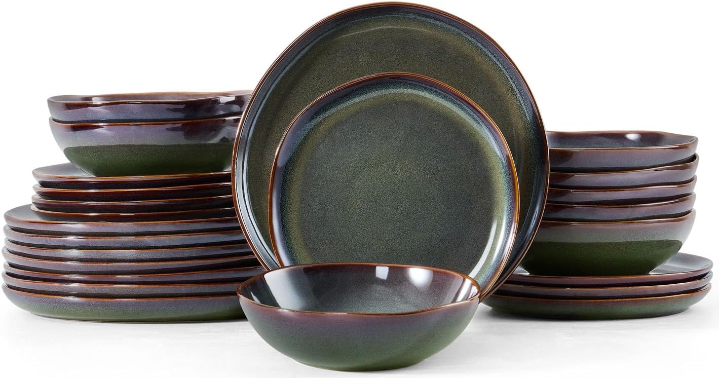 Herogo Stoneware Dinnerware Sets for 8, 24 Piece Plates and Bowls Dish Set, Irregular Handmade Dinner Ware Dishware for Kitchen Dinning, Microwave & Dishwasher Safe, Lichen Green