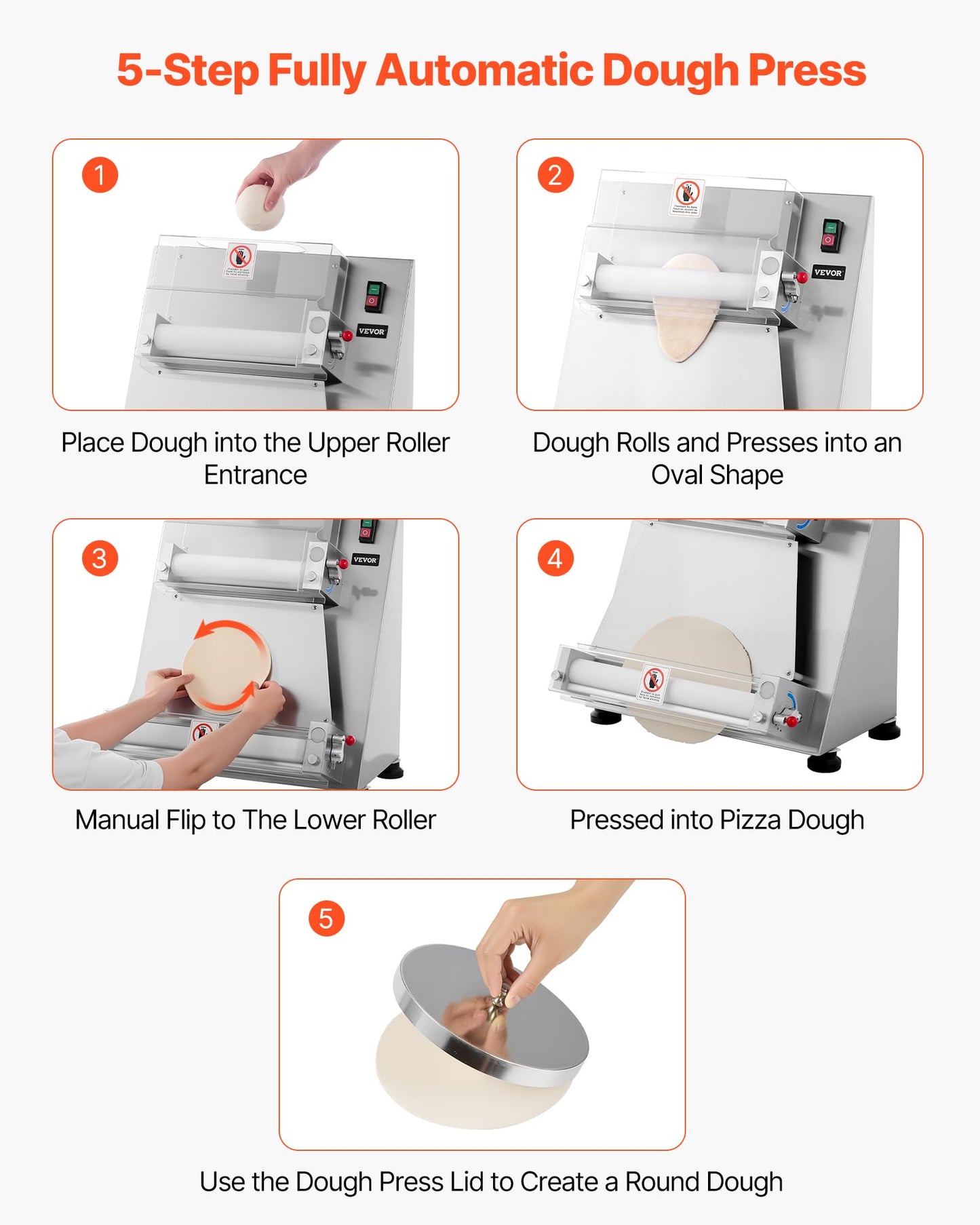 VEVOR Pizza Dough Roller Sheeter, 3-16 Inch Semi-automatic Stainless Steel Pizza Press, Commercial Electric 390W Pasta Maker Machine, 260 pcs Per Hour, Adjustable Thickness, with Dough Press Lid